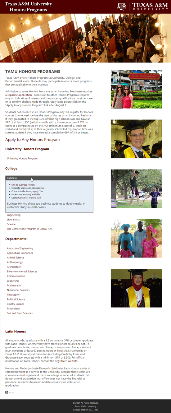 TAMU Honors Programs Website, Fully Scrolled Version